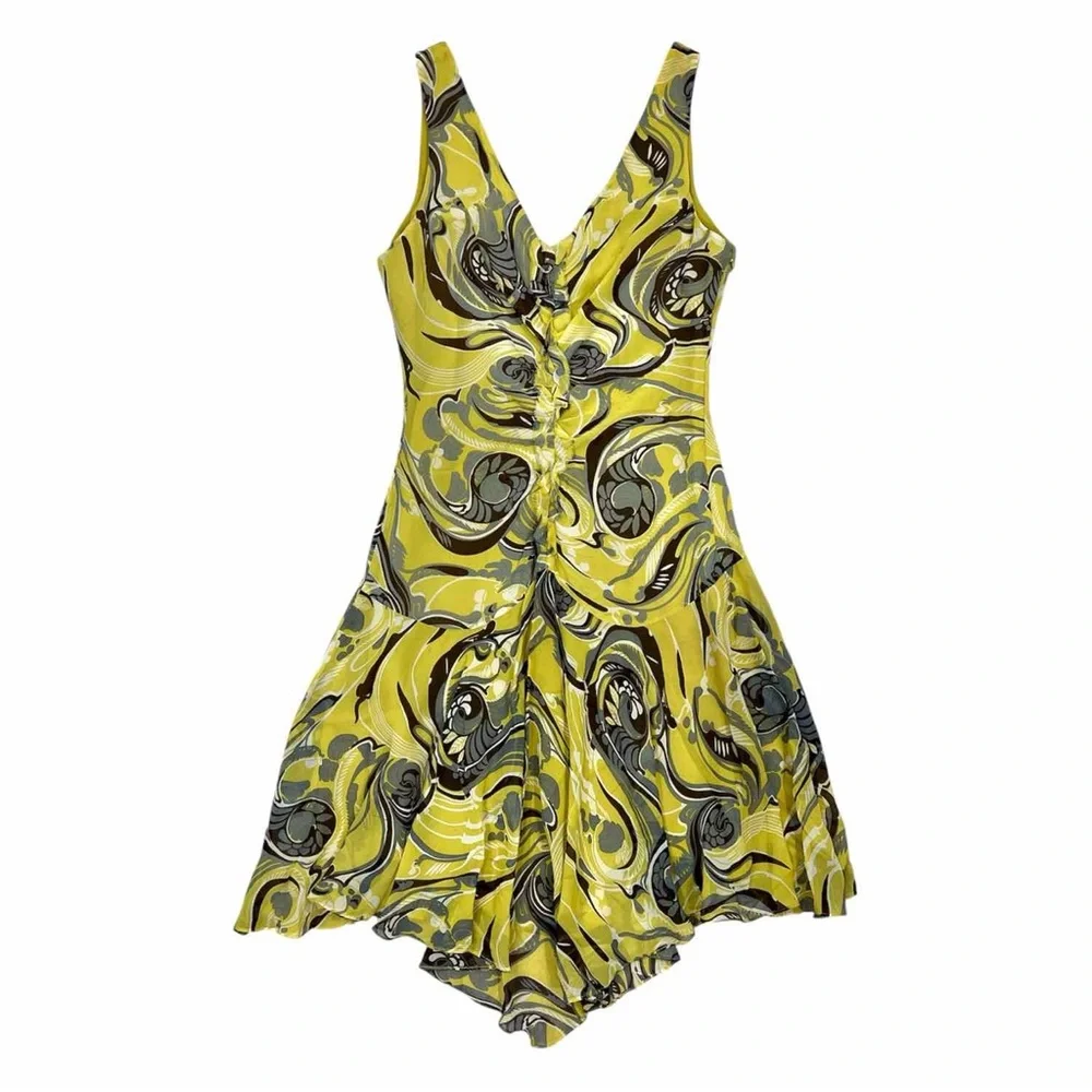 Vintage BCBG Maxazria Y2K Chartreuse Psychedelic Paisley Silk Art Deco Dress